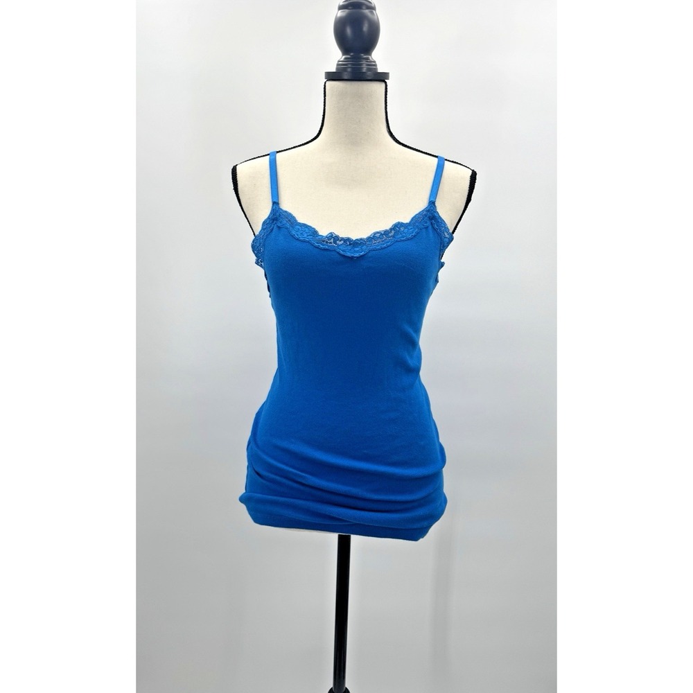 Retro Y2K Lace Trim Cami Large Tank Top Classic Preppy Strappy 90s Slim Fit Blue